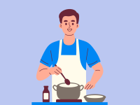 cartoon man with apron cooking with pot and pan on a stove