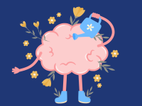 cartoon brain watering itself with a watering can