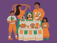 cartoon family celebrating at Dia de los Muertos altar