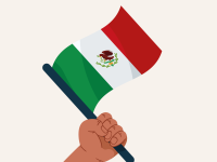 cartoon hand holding Mexico's flag