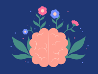 cartoon brain with flowers and leaves growing out of it