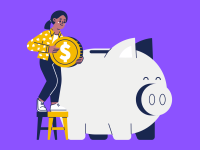 Cartoon person putting oversized coin into large piggy bank
