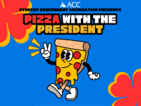 Cartoon slice of pizza with face and arms and legs. Pizza with the President
