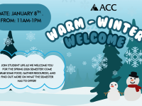 Warm Winter Welcome - Snowmen in trees with snowflakes and event info