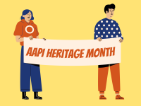 2 cartoon people holding a banner that says "AAPI Heritage Month"