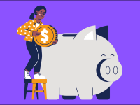 Cartoon woman holding giant coin next to lifesize piggy bank.