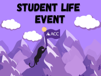 Student Life Event - cartoon puma with ACC flag climbing mountains