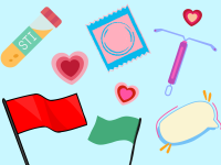 cartoon picture of red and green flags and various methods of contraception