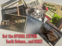 Past ACC Postcard Anthology copies in a pile on a table.