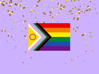 Pride flag on a lavendar background with confetti around it.
