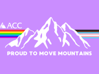 ACC logo, rainbow, mountains - Proud to Move Mountains on purple background