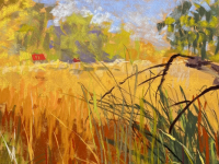 "Tall Grass" by Sandy Marvin - Painting - tall yellow grass with trees and sky beyond