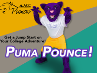ACC Puma logo - Summit the ACC Puma Mascot - "Puma Pounce - Get a Jump Start on Your College Adventure" - Yellow, gray, and teal background" 