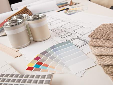 Interior Design materials on a desk at ACC's Littleton Campus.