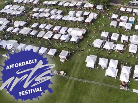 Affordable Arts Festival logo on top of aerial picture of tents at the festival at ACC's Littleton Campus.