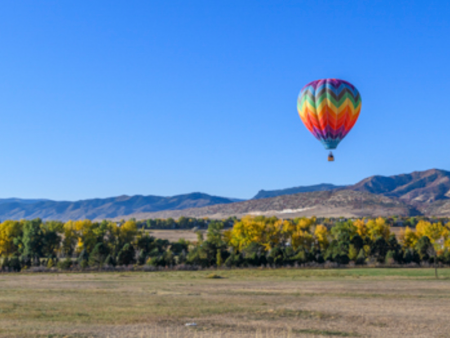 Hot air balloon over landscape - photo by Angela Crabb