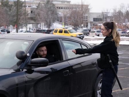 ACC Law Enforcement Academy students practicing traffic stops at the ACC Littleton Campus.