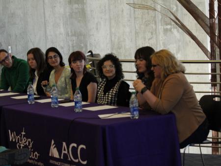 ACC Journalism Panel - Ryan Warner, host of Colorado Matters on Colorado Public Radio, Alison Berg, a reporter from Rocky Mountain PBS, McKenna Harford, reporter from Colorado Community News Media's Douglas County News-Press Reporter, Arapahoe Pinnacle editor-in-chief Lillian Fuglei, Elizabeth Hernandez, reporter from the Denver Post, Rylee Dunn, reporter from Colorado Community News Media's Arvada Press Reporter, and Thelma Grimes, Colorado Community News Media's South Metro newsroom editor. 