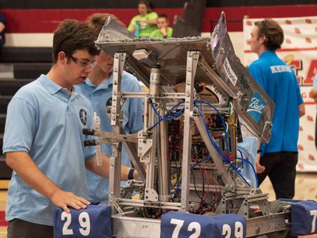 Students working on a robot