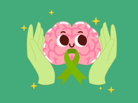 Cartoon hands holding a cartoon brain with eyes.