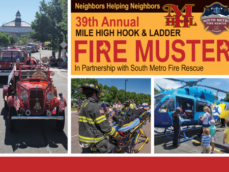 Firetrucks and response vehicles in a parade in downtown Littleton, Colorado. EMS personnel simulating response. Children's One helicopter with children touring. 