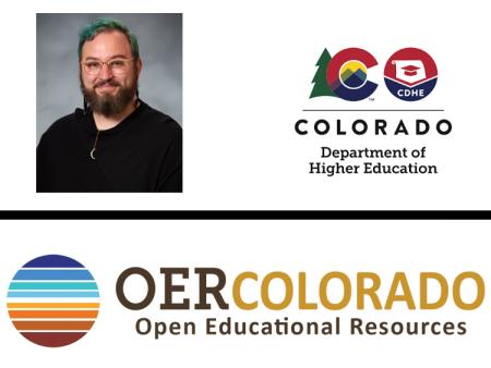 Photo of Mitch Cota, ACC Librarian, with Colorado Department of Higher Education and OER Colorado logos.