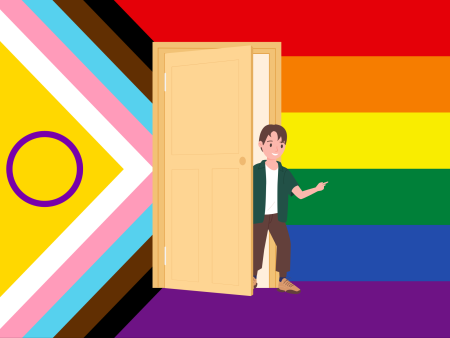 Cartoon person coming out of a door in front of an LGBTQ+ flag