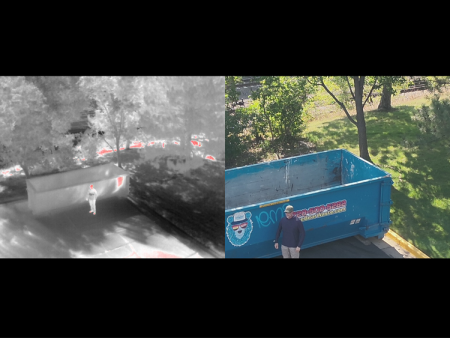 Drone shot of person next to dumpster using heat technology next to photo version of the same scenario.