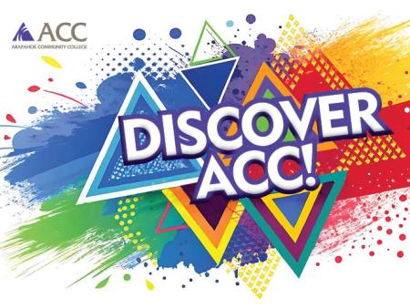 Discover ACC! (rainbow color splatter over triangles and ACC logo)
