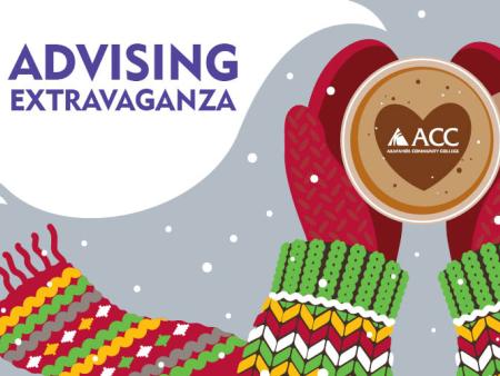 Advising Extravaganza - cartoon scarf and mittens holding a coffee mug with an ACC logo