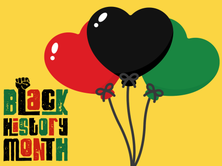 3 heart-shaped balloons (1 red, 1 black, 1 green) - Black History Month logo