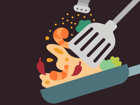 cartoon spatula and pan flipping food around