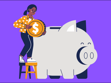 Cartoon woman holding giant coin next to lifesize piggy bank.
