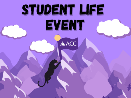 Student Life Event - cartoon puma with ACC flag climbing mountains
