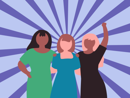 3 cartoon women in front of purple spiral background