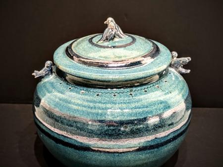 Stoneware Teal Blue Bird Pot