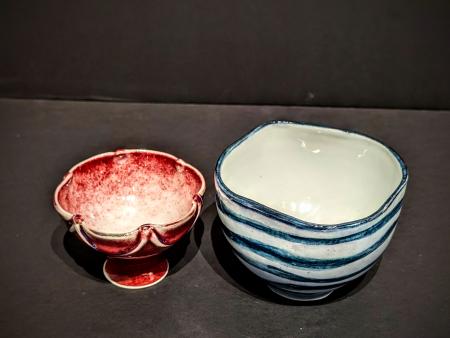 McKinnell, Nan - Mini Red Porcelain PedestalIridescent Blue Stripe Bowl