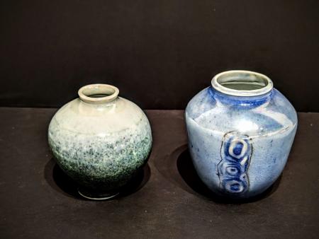 McKinnell, Nan - Left: ID # 130 Green and Light Blue Vase Right: ID # 131, 4 sided Lackluster Vase