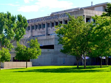 West side of ACC's main building on the Littleton Campus and west lawn.