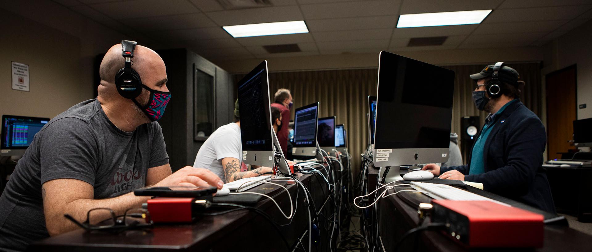 Students in production lab for ACC's Music Audio Technology program.