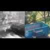 Drone shot of person next to dumpster using heat technology next to photo version of the same scenario.