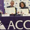 ACC President Stephanie J. Fujii and Colorado School of Mines President Paul C. Johnson signing partnership documents.