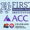 First Generation Serving Campus Institution logo, ACC logo, CDHE logo