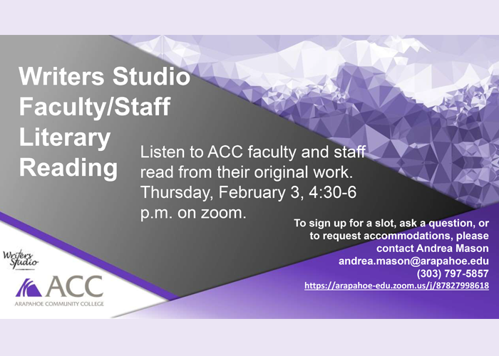 Join us for a virtual Writers Studio Winter Faculty / Staff Literary Reading on Thursday, February 3 at 4:30pm. ACC Faculty and Staff will read from their original work.