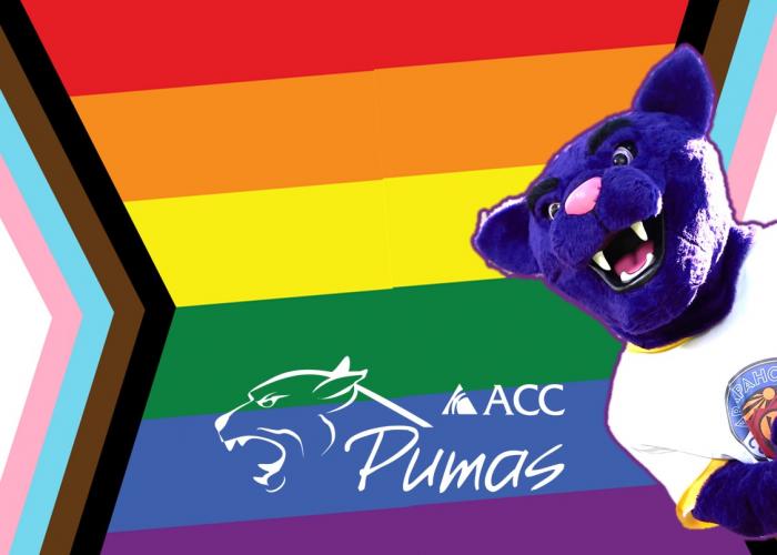Summit, the ACC Puma, in front of a Pride flag