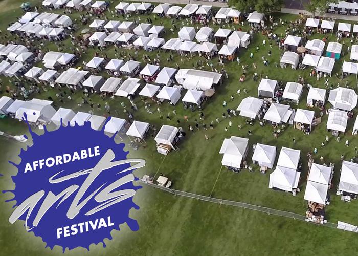 Affordable Arts Festival logo on top of aerial picture of tents at the festival at ACC's Littleton Campus.