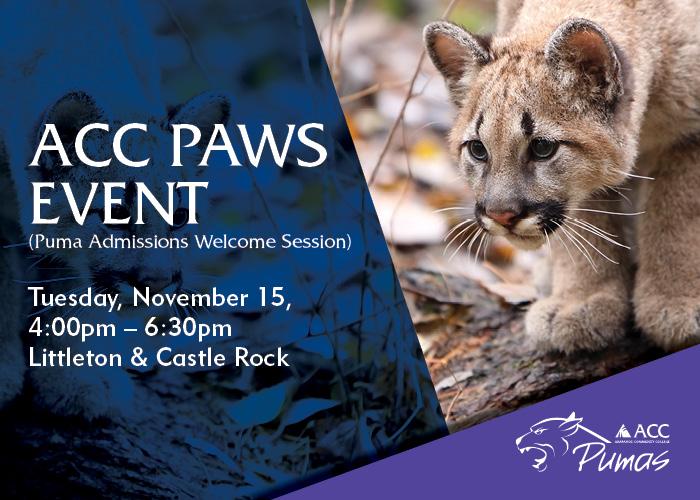 Join the Cool Cats at an ACC PAWS Event (Puma Admissions Welcome Session) - Tuesday, November 15 - Littleton & Castle Rock - 4:00 - 6:30pm