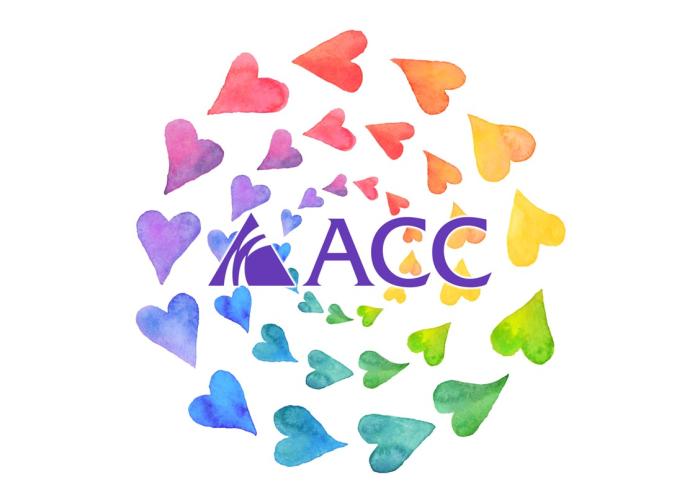 ACC logo surrounded by circling rainbow colored hearts