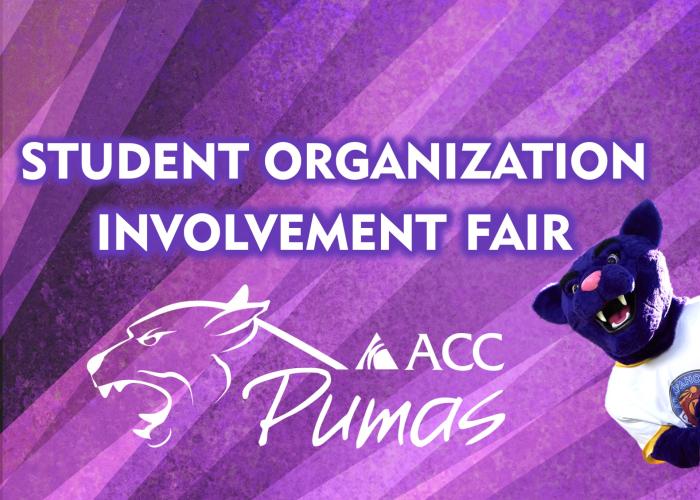 Student Organization Involvement Fair - ACC puma logo and Summit the ACC Puma mascot on a purple background