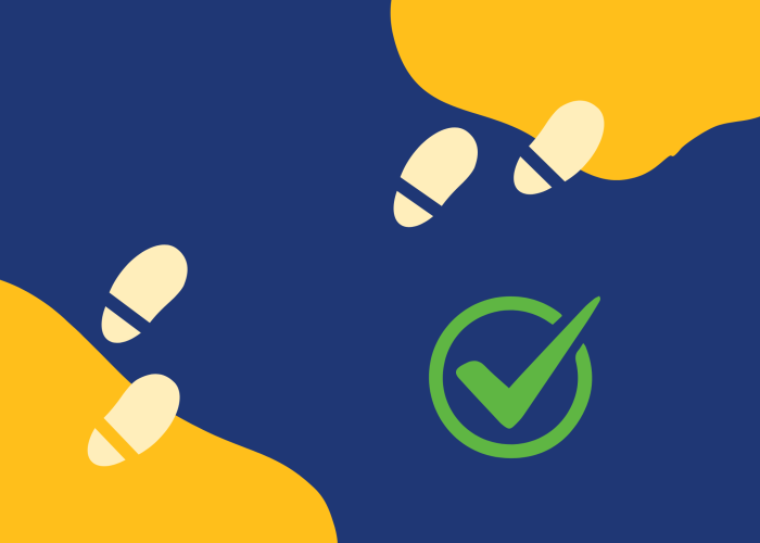 cartoon footprints crossing blue ocean from yellow land to yellow land with a green checkmark